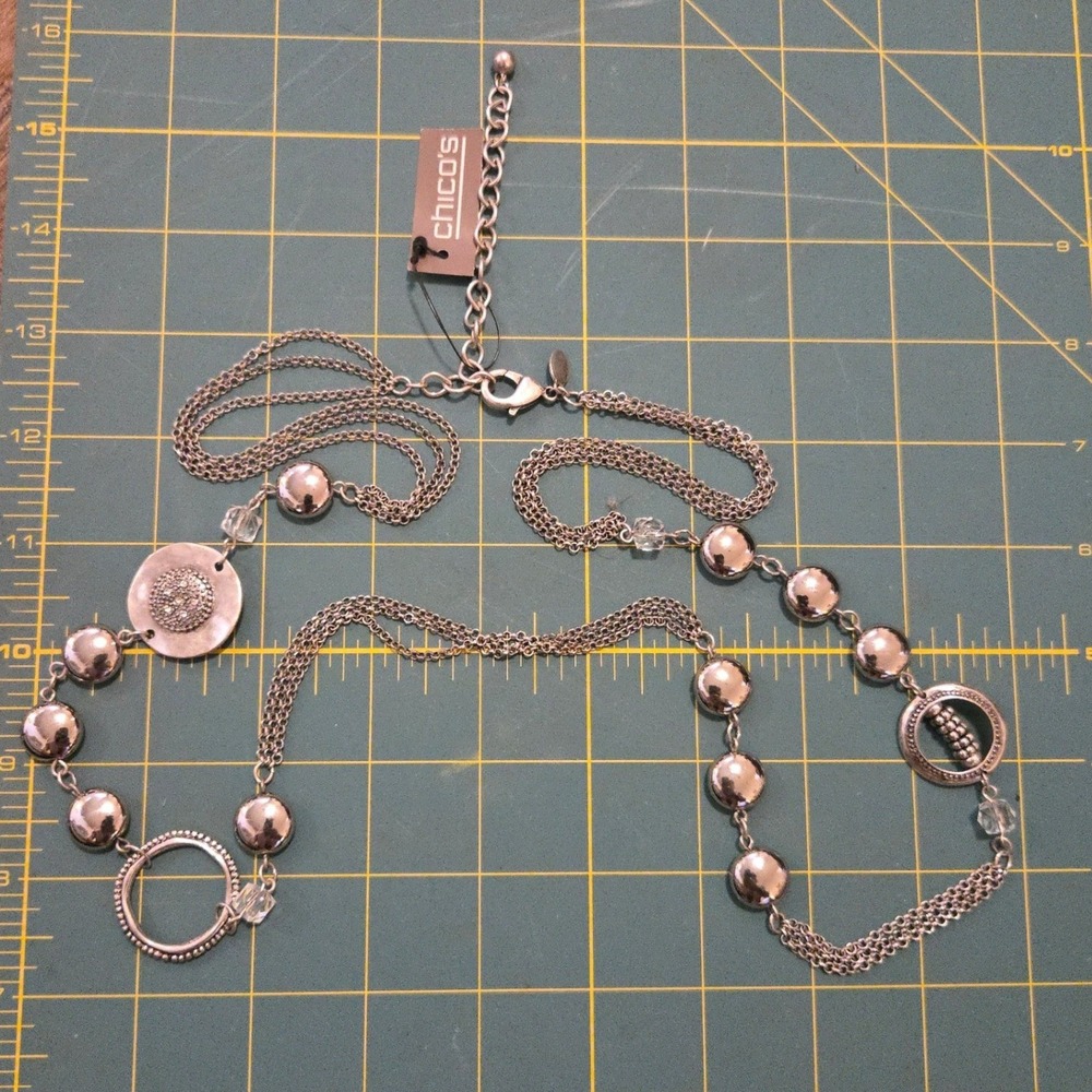 Crystal Bead Chico's Necklace Womens Silver Long Chain New Tag Statement Layered